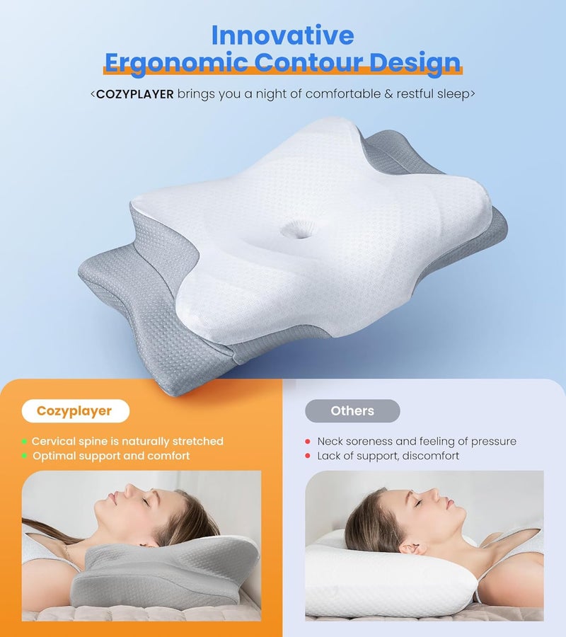 Cozyplayer Ultra Pain Relief Cooling Pillow for Neck Support, Adjustable Cervical Pillow Cozy Sleeping, Odorless Ergonomic Contour Memory Foam Pillows, Orthopedic Bed Pillow for Side Back Stomach Sleeper - Image 2
